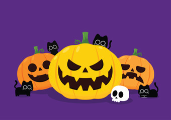 Pumpkin head set. Cute and scary Halloween pumpkin monster set. Holidays cartoon character in flat style collection.