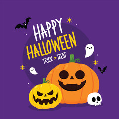 Pumpkin head set. Cute and scary Halloween pumpkin monster set. Holidays cartoon character in flat style collection.