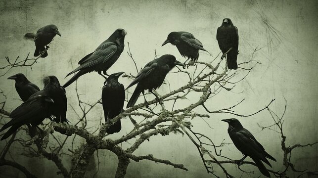 group of crows gathered on a leafless tree branch, conveying a sense of communal intelligence and communication