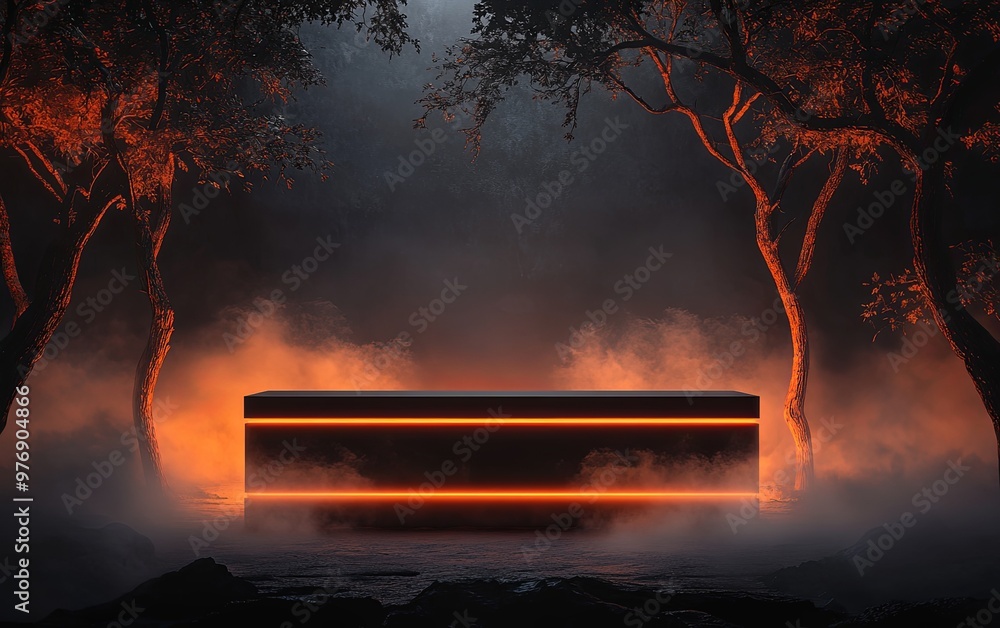 Poster a mysterious glowing structure amidst fog and trees, creating an eerie atmosphere.