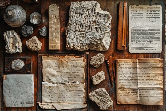 ancient texts and artifacts that linguists use to study the Nostratic language family. The scene includes ancient manuscripts, stone inscriptions, and early writing tools laid out on a wooden table. 