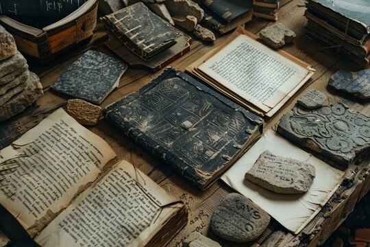 ancient texts and artifacts that linguists use to study the Nostratic language family. The scene includes ancient manuscripts, stone inscriptions, and early writing tools laid out on a wooden table. 