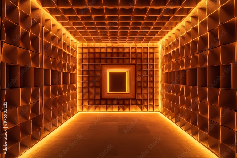 Poster A mesmerizing illuminated room featuring geometric patterns and warm orange lighting, creating an inviting and modern atmosphere.