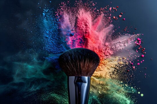 Makeup brush with an explosion of colorful eyeshadow pigments on black background, makeup creative, art, dynamic HD Wallpaper banner background Comestic