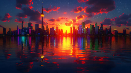 A breathtaking sunrise over a modern city skyline with a fiery sky, reflecting in the still waters of a lake or river, with colorful lights illuminating the city.