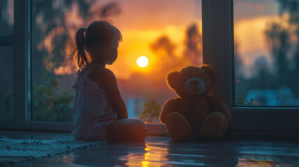 Sad Little Girl Sitting with Teddy Bear Alone