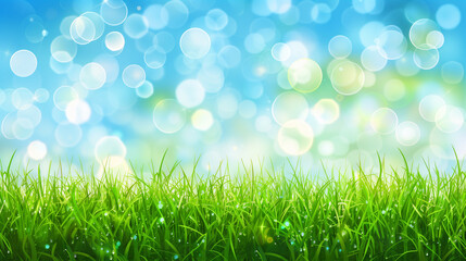 Obraz premium Vibrant green grass with glowing bokeh lights against a blue sky.