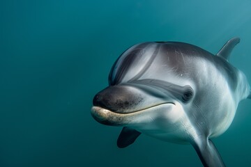 Fototapeta premium vaquita dolphin, highlighting its distinctive facial markings and expressive eyes. The vaquita's dark eye patches and lips stand out against its smooth, light grey body