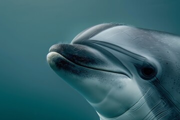 Fototapeta premium vaquita dolphin, highlighting its distinctive facial markings and expressive eyes. The vaquita's dark eye patches and lips stand out against its smooth, light grey body