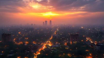 Obraz premium A breathtaking sunset over a sprawling city, with tall buildings and dense streets illuminated by the golden light.