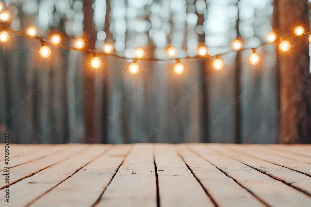 Poster a serene wooden deck illuminated by warm string lights, surrounded by a blurred forest backdrop, cre