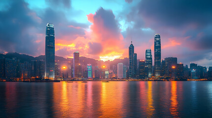 Obraz premium A breathtaking sunset over Hong Kong skyline with vibrant clouds reflecting on the water.