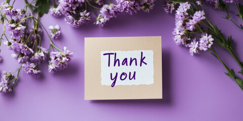 A white thank you card with elegant black text, accompanied by delicate white flowers, placed on a soft purple background.
