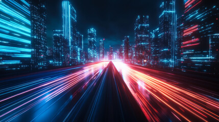 A futuristic cityscape at night showcasing glowing blue and orange lights along a highway, illuminated skyscrapers in motion