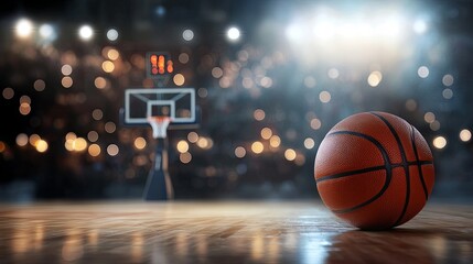 Obraz premium A close-up of a basketball on a court, with a blurred hoop and crowd lights in the background, evoking a sports atmosphere.