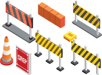 Road, traffic, street barrier or barricade item set. Warning detour, repair hurdle, parking zone, safety boundary, stripped cone and caution obstacle vector illustration isolated on white background
