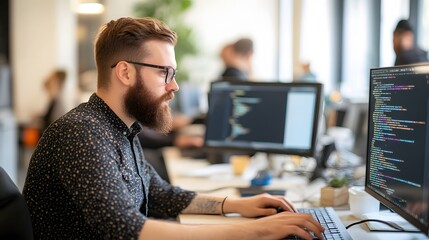 Bearded man in glasses working on computer with code on screen