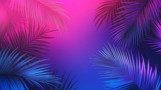 Vibrant neon palm leaves against a pink and blue background.