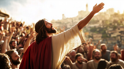 A depiction of Jesus preaching to a large crowd of followers, arms outstretched, symbolizing teaching, faith, and spiritual leadership in a biblical setting.
