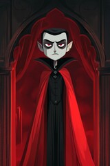 A serious vampire cloaked in red stands broodingly in a gothic archway