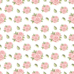Roses flowers and buds soft light pink with green leaves. Spring seamless pattern. Hand drawn watercolor illustration. Garden plant. Natural floral template for covers, wrapping, scrapbooking, textile