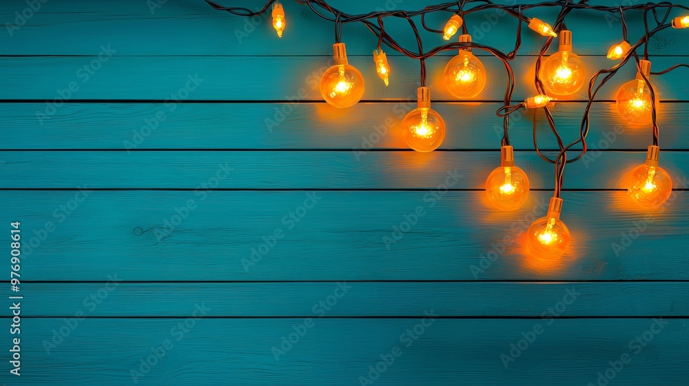 Poster beautiful string lights illuminate a wooden background, creating a warm and inviting atmosphere perf