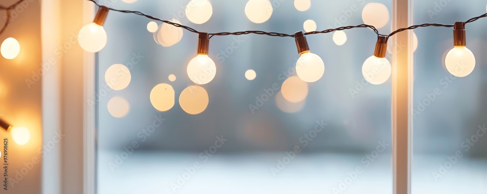 Poster beautiful string lights glow softly against a window, creating a warm and inviting atmosphere for ho