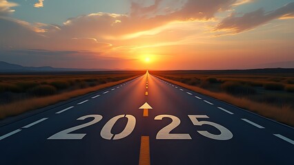 Empty road on the road written 2025 and an arrow pointing to the horizon, background beautiful landscape, sunset .to represent the future and positivity and success of the new year 2025