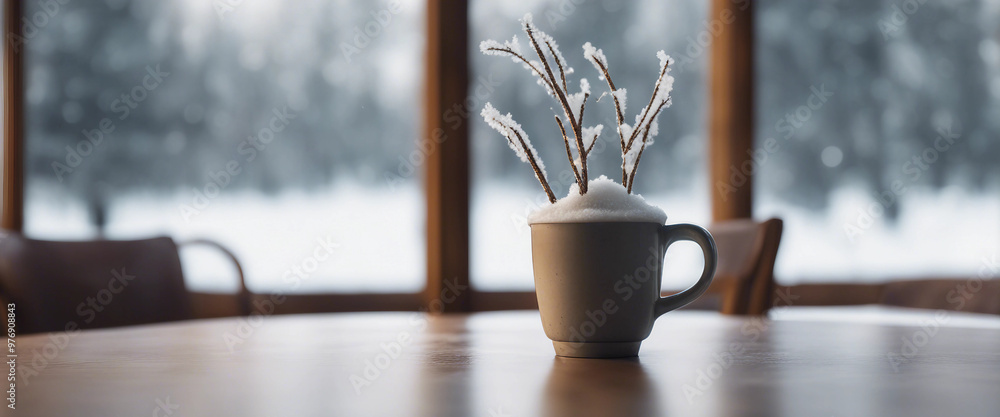 Aufkleber empty table and winter window in background