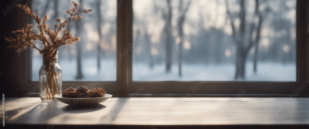 Poster empty table and winter window in background