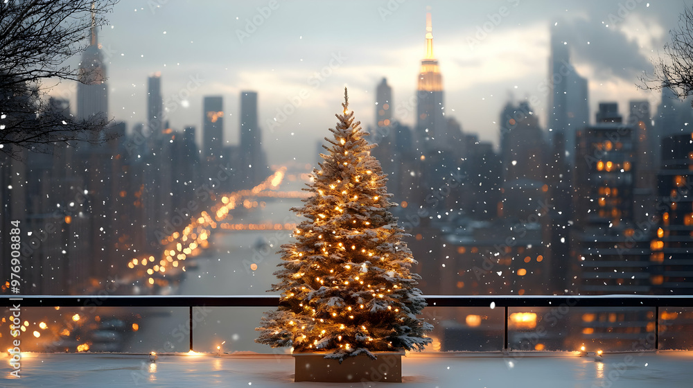 Canvas Prints a christmas tree stands on a rooftop overlooking a snowy cityscape.