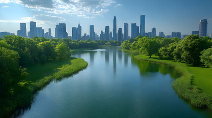Obraz premium A calm river meanders through a park, with a city skyline reflected in the water.