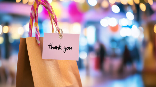 A thank you tag attached to a golden gift bag, set against a vibrant bokeh background with colorful lights.
