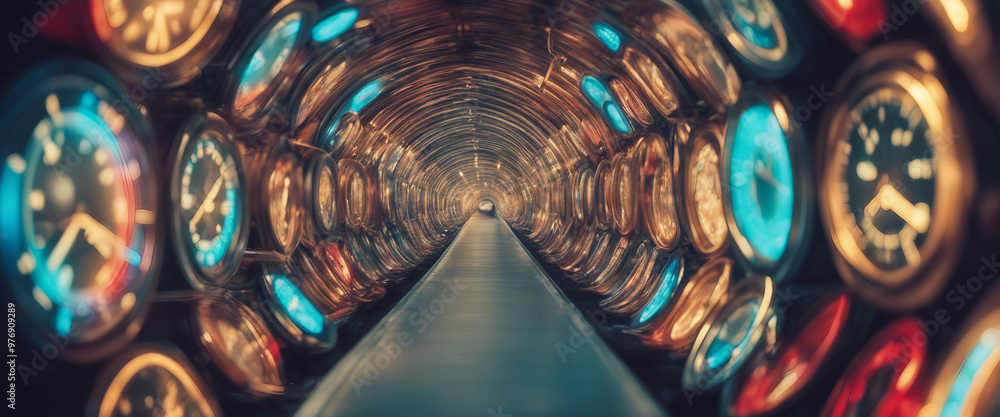 Poster exploring a vibrant abstract tunnel featuring clocks displaying various times representing the idea