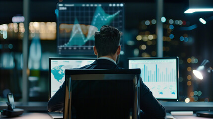 Businessman at desk analyzing revenue charts on digital screen, focused on financial growth and business success, office equipment in background