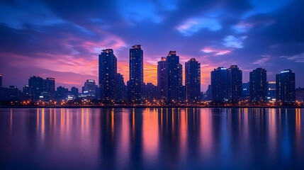 Obraz premium A city skyline at dusk with colorful clouds reflecting in the water.