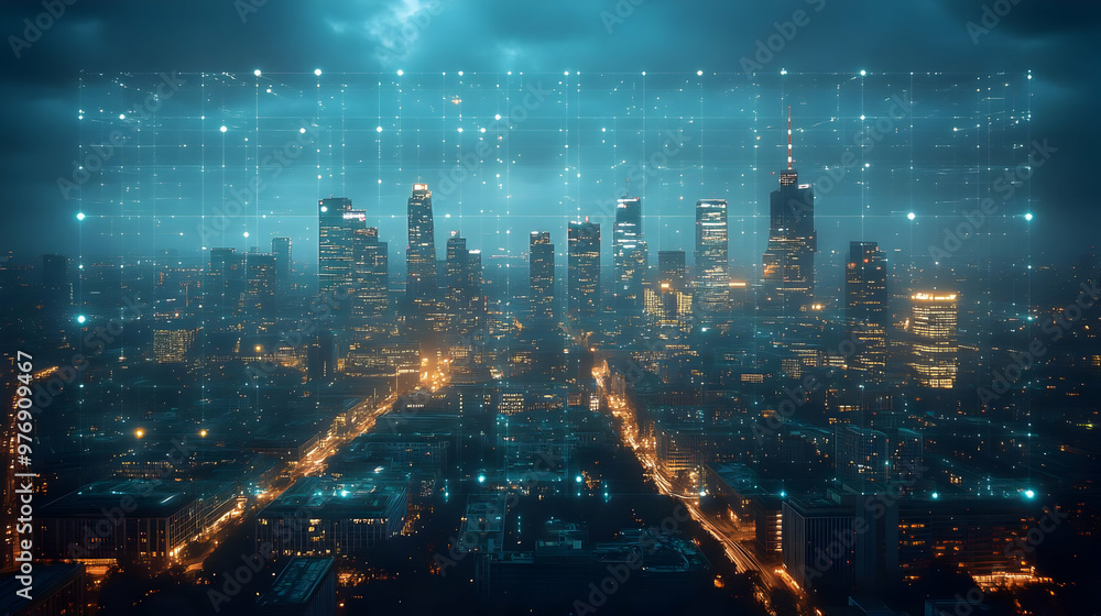 Aufkleber a city skyline at night with a digital grid overlay, representing the connection and flow of data in