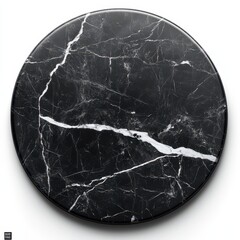 Fototapeta premium Elegant black marble surface coaster with striking white veining, white background