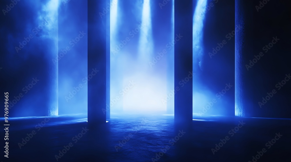 Poster mystical blue light beams shining through dark space, creating a surreal atmosphere with fog and abs
