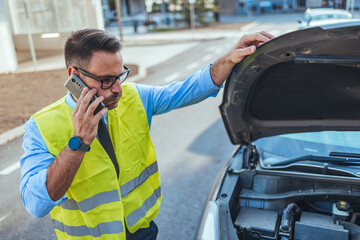 Man Calling for Assistance with Car Breakdown