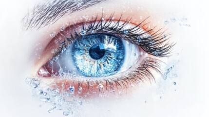 Close-up of a blue eye with water droplets surrounding it.