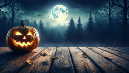 Scary Halloween carved pumpkin on wooden planks, forest and moon on background. Jack O Lantern glowing