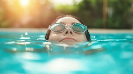 Naklejka premium A person wearing swimming goggles relaxes underwater in a clear pool during a sunny afternoon.