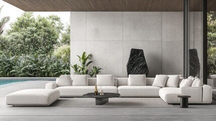 Relax in the spacious outdoor area featuring comfortable sofas and a wooden coffee table, surrounded by lush greenery and a serene swimming pool backdrop