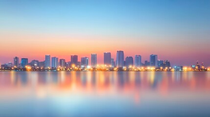 Obraz premium A serene city skyline at dusk, reflecting lights on water, showcasing urban beauty and tranquility.