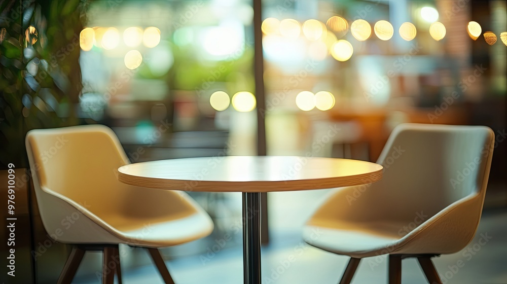 Aufkleber a cozy caf? setting with a round table and two chairs, softly illuminated by warm lights in the back