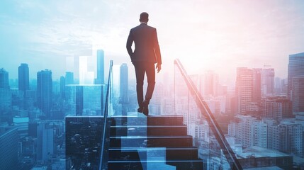 Rising to Success: Businessman Climbing Corporate Ladder with City Skyline Background