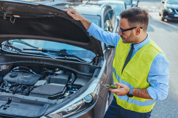 Man in Safety Vest Checking Car Engine on Roadside