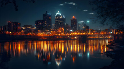 Fototapeta premium A city skyline illuminated by streetlights at night, with a full moon hanging in the sky above the city. The city is reflected in the water below, creating a beautiful and surreal scene.