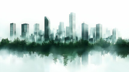 Obraz premium A city skyline is partially obscured by a dense forest, creating a surreal and hazy effect. The image suggests a connection between nature and urban environments.